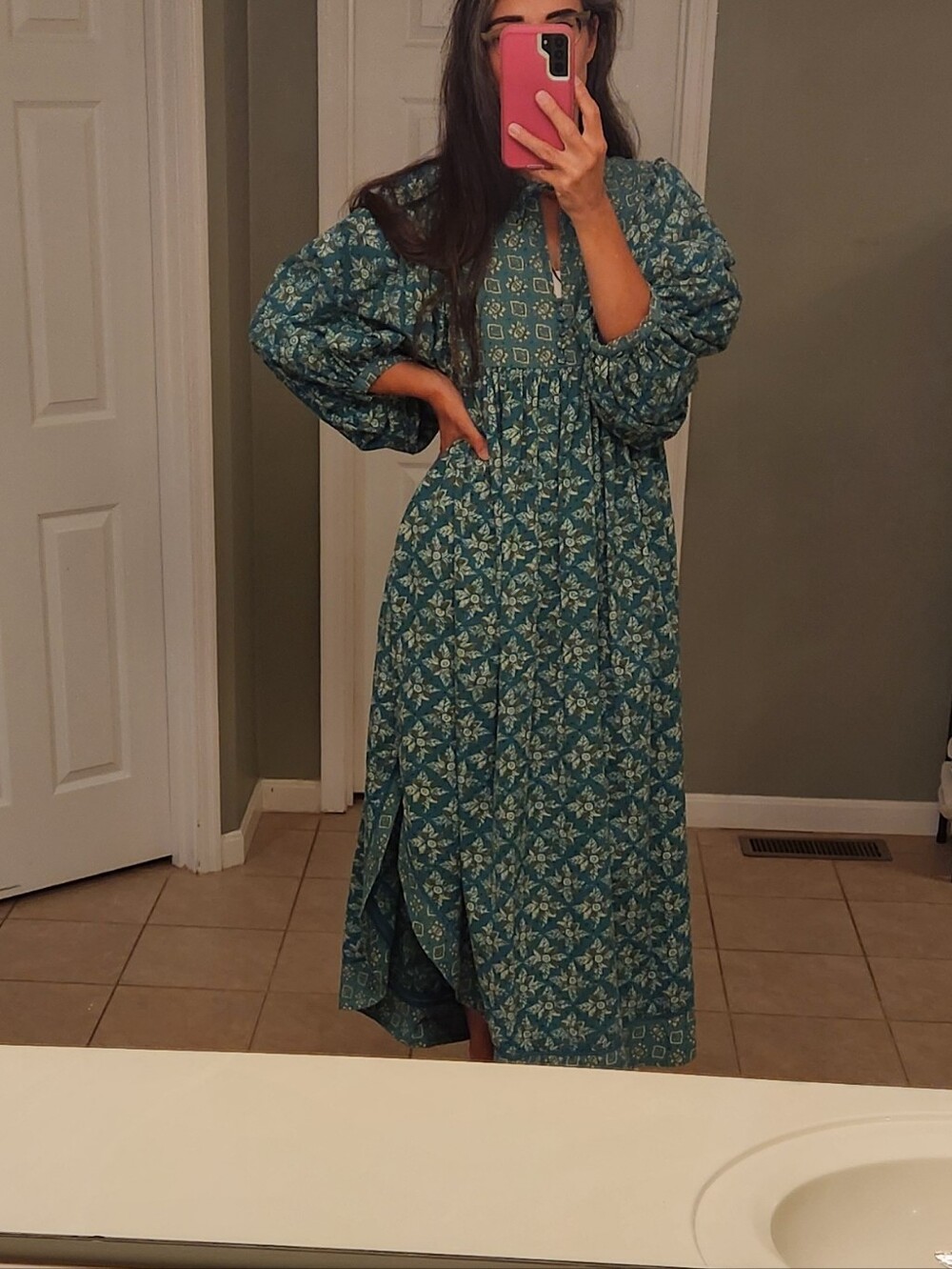 Free People Size L Teal Green Maxi Dress Balloon Sleeve Beaded Detail Stunning - Picture 5 of 17